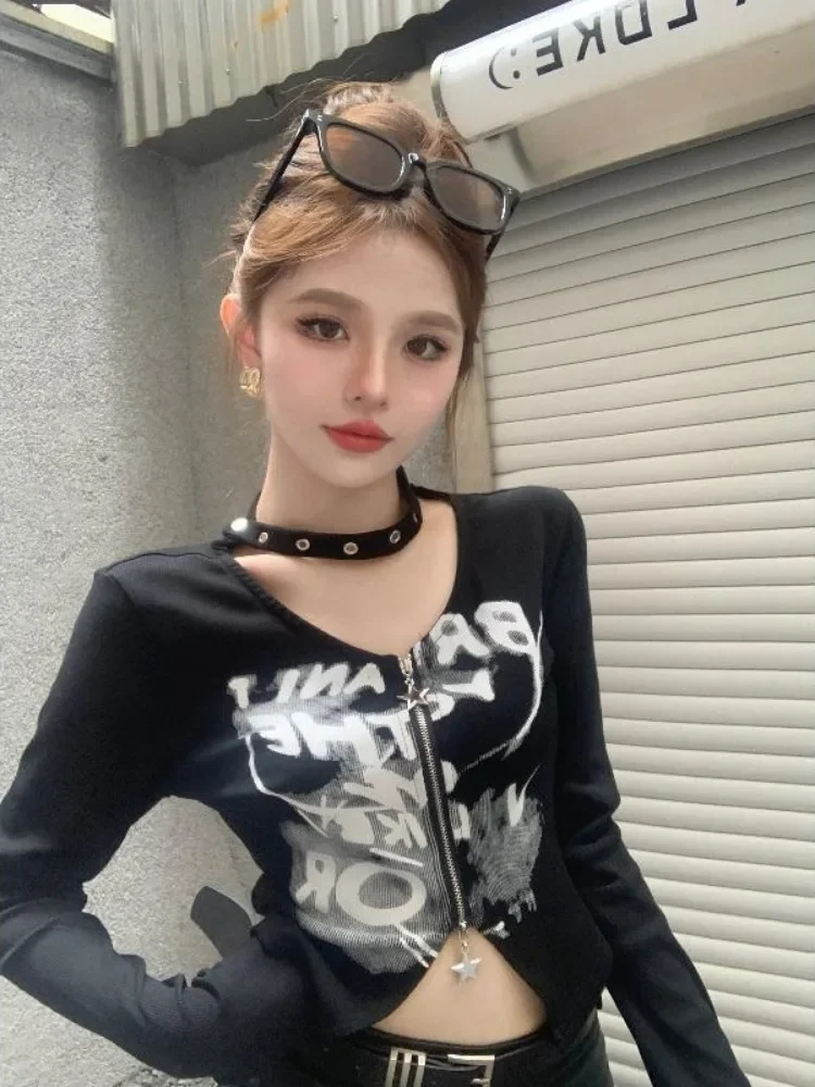 Autumn Fashion Sexy Halter Cropped Cardigan Y2k Aesthetic Slim Fit Double Zippers Tops Women All Match  Letter Print Tees