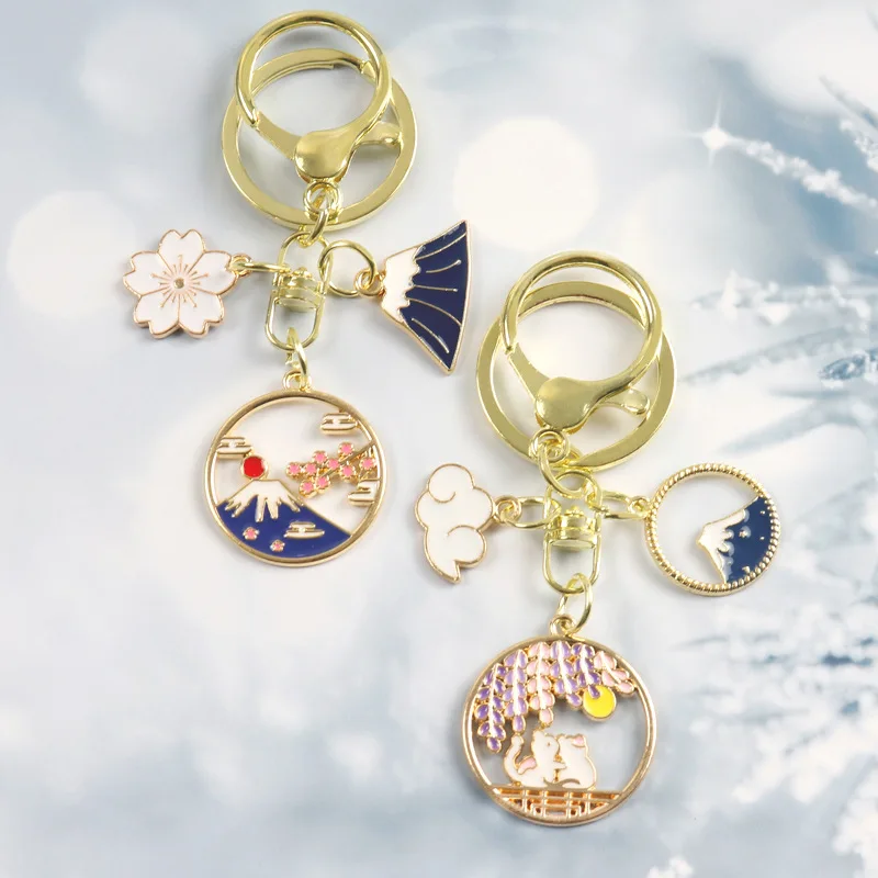 keychain sakura Japan Fuji Mountain Sakura Key Ring Flower Enamel Key Chains Souvenir Gifts For Women Men DIY Handmade Jewelry