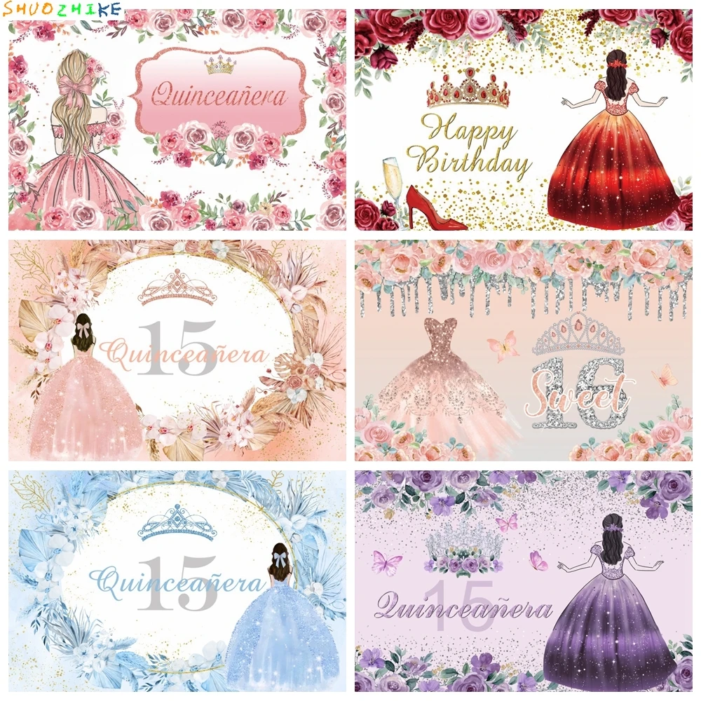 

Girls Birthday Party Backdrop Princess Dress Flowers Crown Sweet Queen Custom Photography Background Decor Banner Photostudio