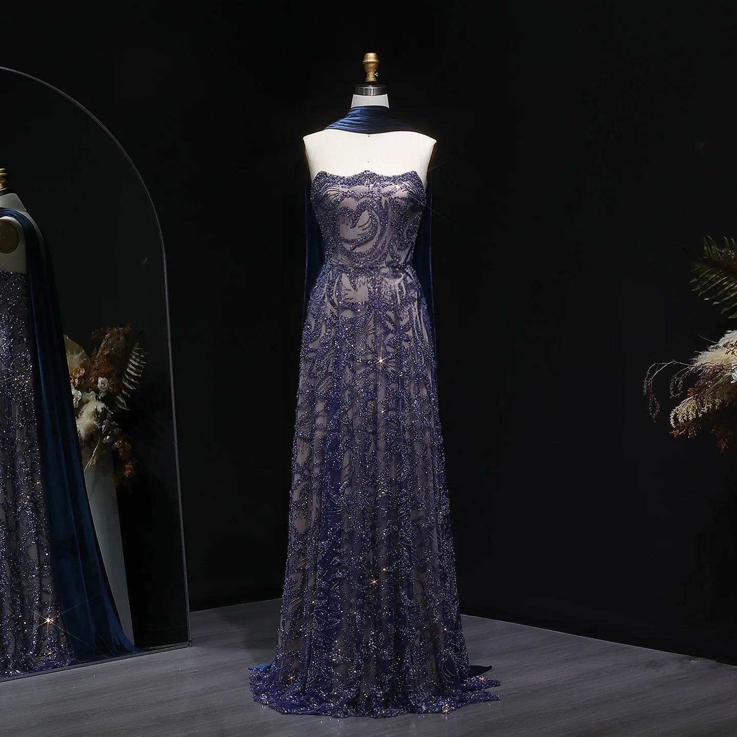 Sharon Said Luxury Beaded Blue Velvet Two Pieces Evening Dress with Scarf Arabic Women Wedding Guest Party Gown SS793 Customized image 4