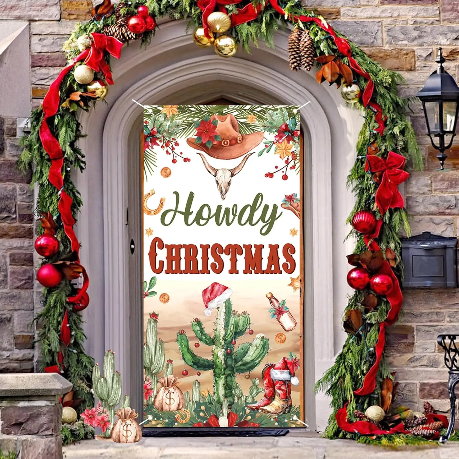 Joymemo Christmas Door Decorations Western Cowboy Cover Howdy Hanging Door Banner Garden Flag Cactus Horseshoe Hat Party Supplie