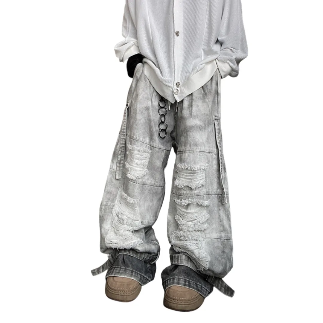 Man Jeans Street Fashion Cargo Jeans Hip Hop Mud Dyed Hollow Out Denim Pants Wide Leg Retro Distressed Washed Loose Trousers