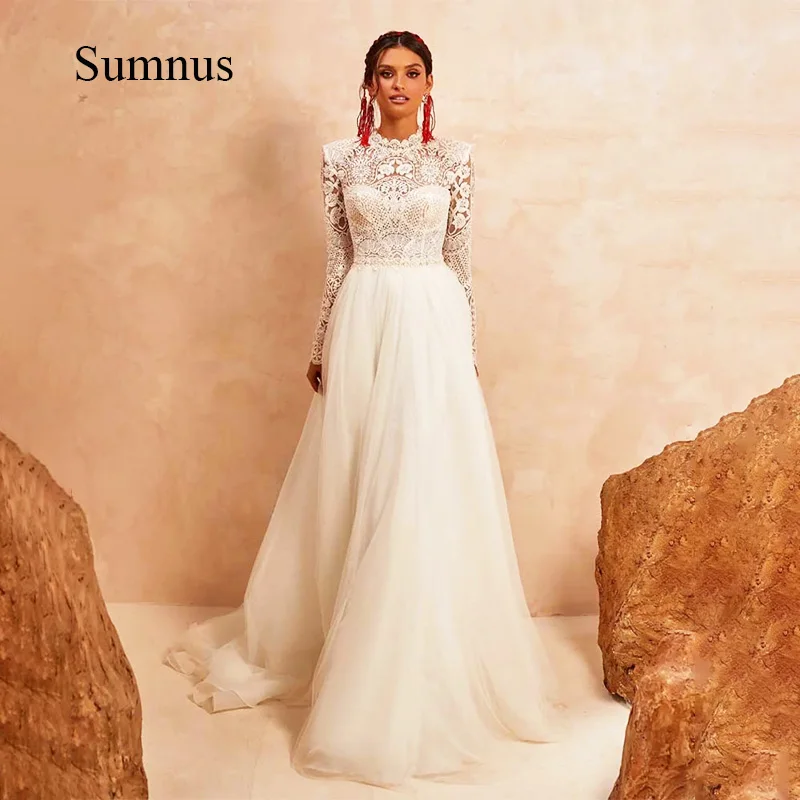 Sumnus Bohemian Wedding Dress Lace Appliques แขนยาว O-Neck ชุดเจ้าสาว Elegant A-Line ชุดแต่งงาน Custom Made