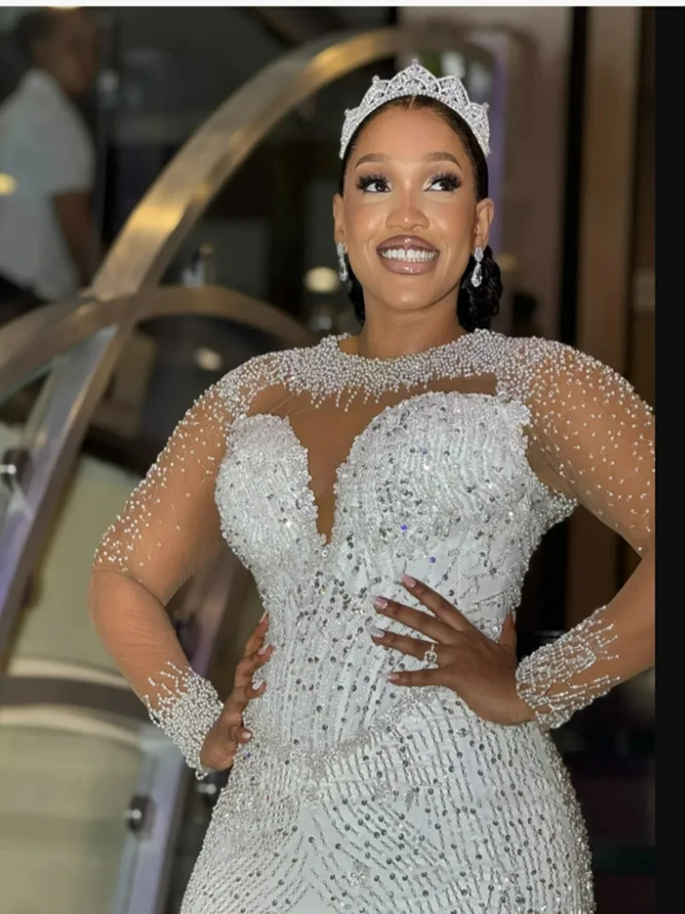 Suknie ślubne z kryształkami i błyszczącymi koralikami, luksusowe w stylu arabskim, z długimi rękawami, plus size, szyte na miarę.