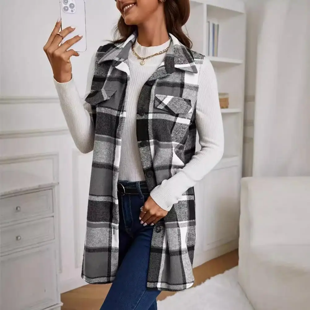 Retro Style Women Vest Plaid Design Vest Lady Spring Fall Waistcoat Plaid Print Vest Turn-down Collar Mid Length for School