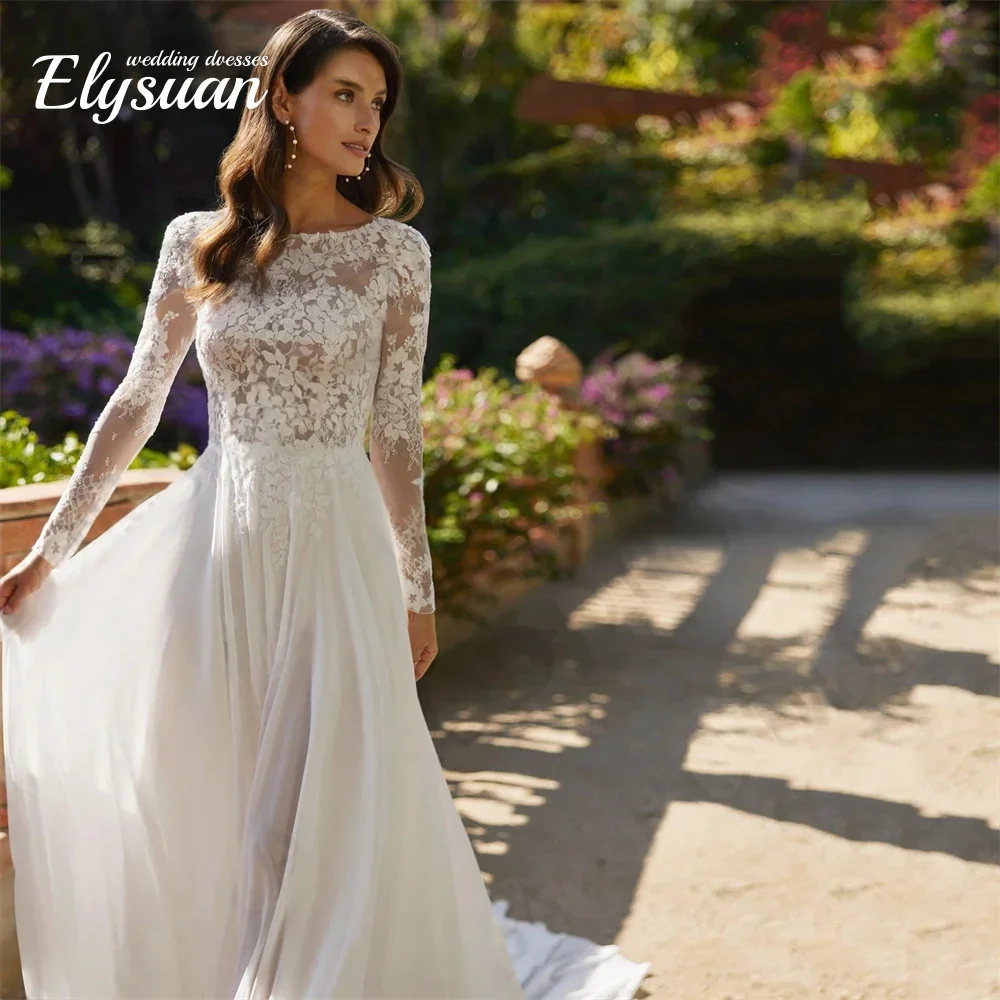 Vestido de novia de playa sin espalda con cuello redondo blanco personalizado Apliques de encaje mangas largas vestidos de novia vestido Formal de corte a