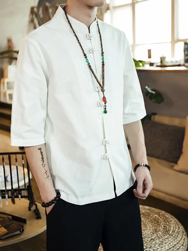 

Casual Linen Men's Shirt Half Sleeve Button up Breathable Summer Fashion Loose Fit Youthful Style Five-Quarter Sleeve Length