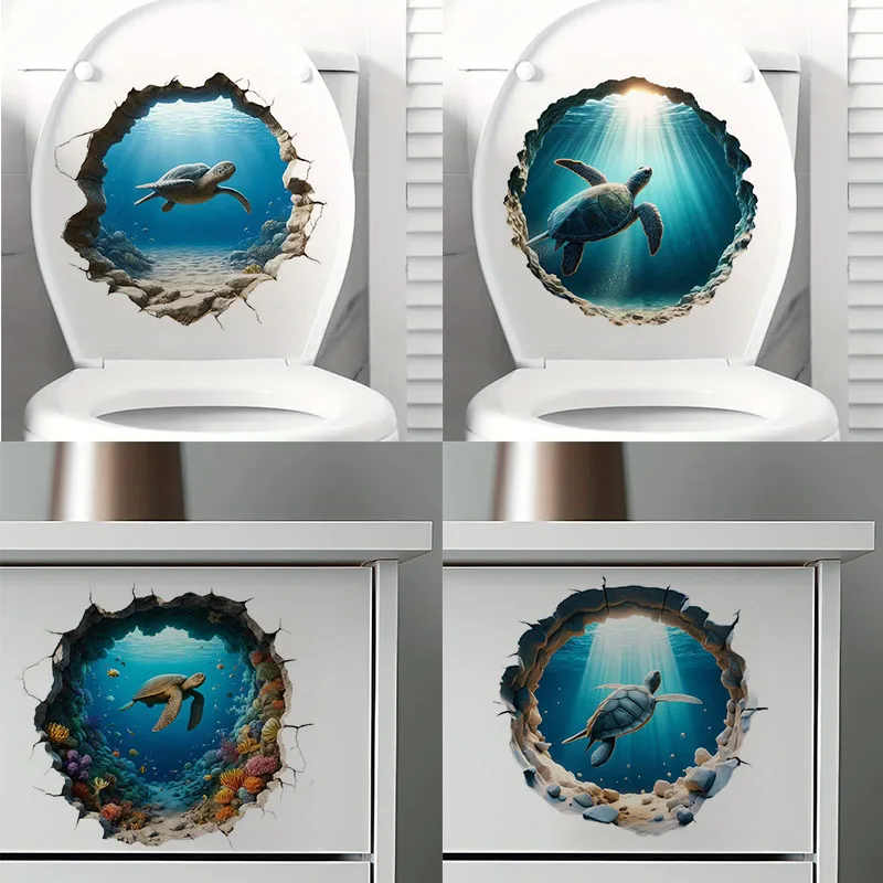 Autocollants muraux tortue 3D réalistes, autocollants pour siège de toilette, autocollants muraux de décoration de maison pour entrée de chambre à coucher, salon, porche