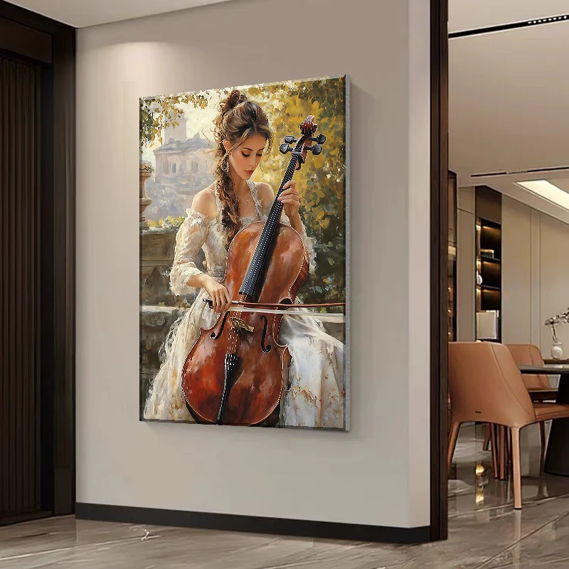 Frameless canvas paintings,Elegant Woman Playing Cello Poster and Prints Figure Art Canvas Painting Wall Art Picture for Living
