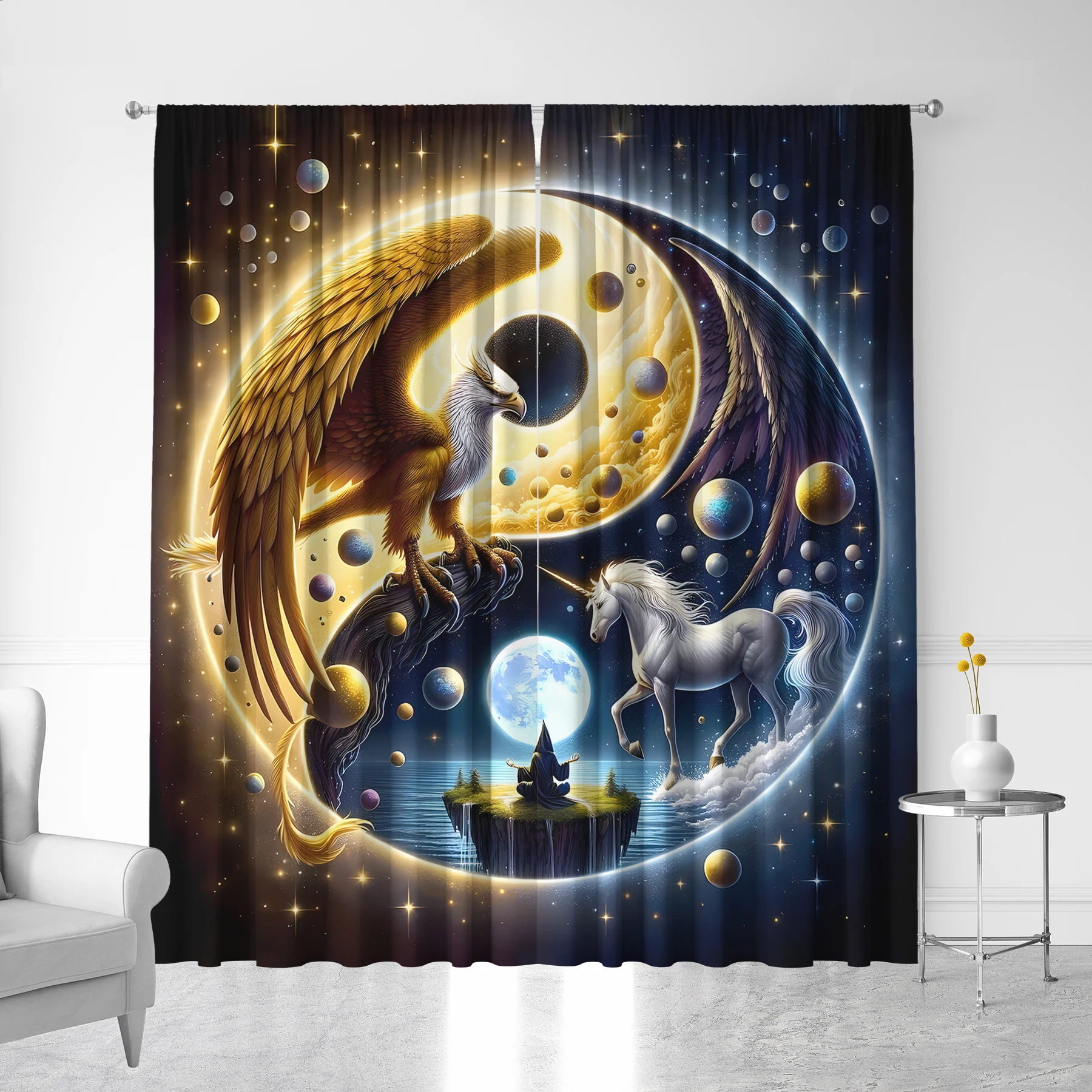 2PC Fantasy Dragon Tiger Lion Owl Five Elements Bagua Style Rod Bag Curtain, Kitchen, Cafe, Living Room, Garden