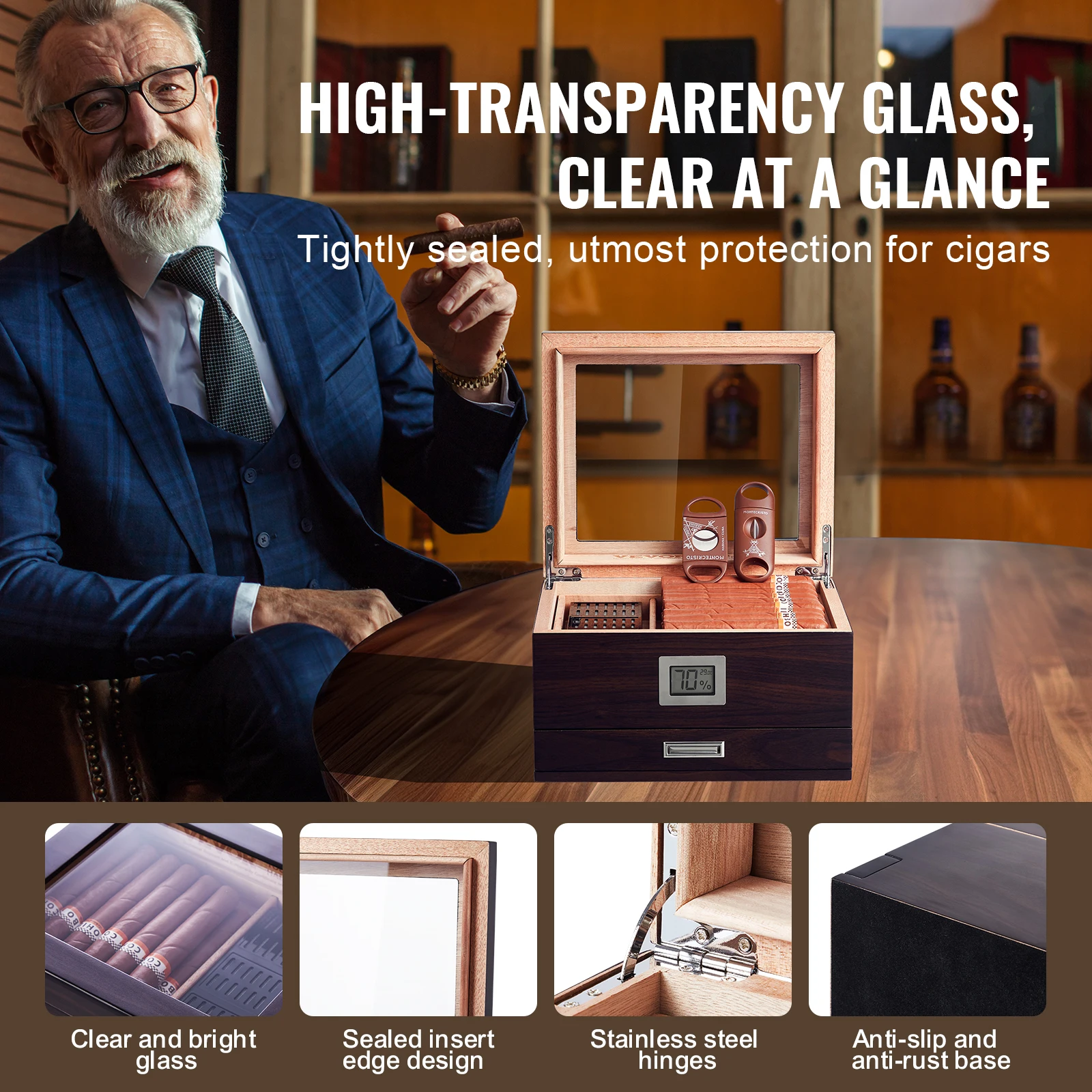 VEVOR Cigar Humidor Glass Top Cigar Humidor Box Handmade Spanish Cedar Wood Cigar Desktop Box Cigar Storage Case 30-50 Cigars