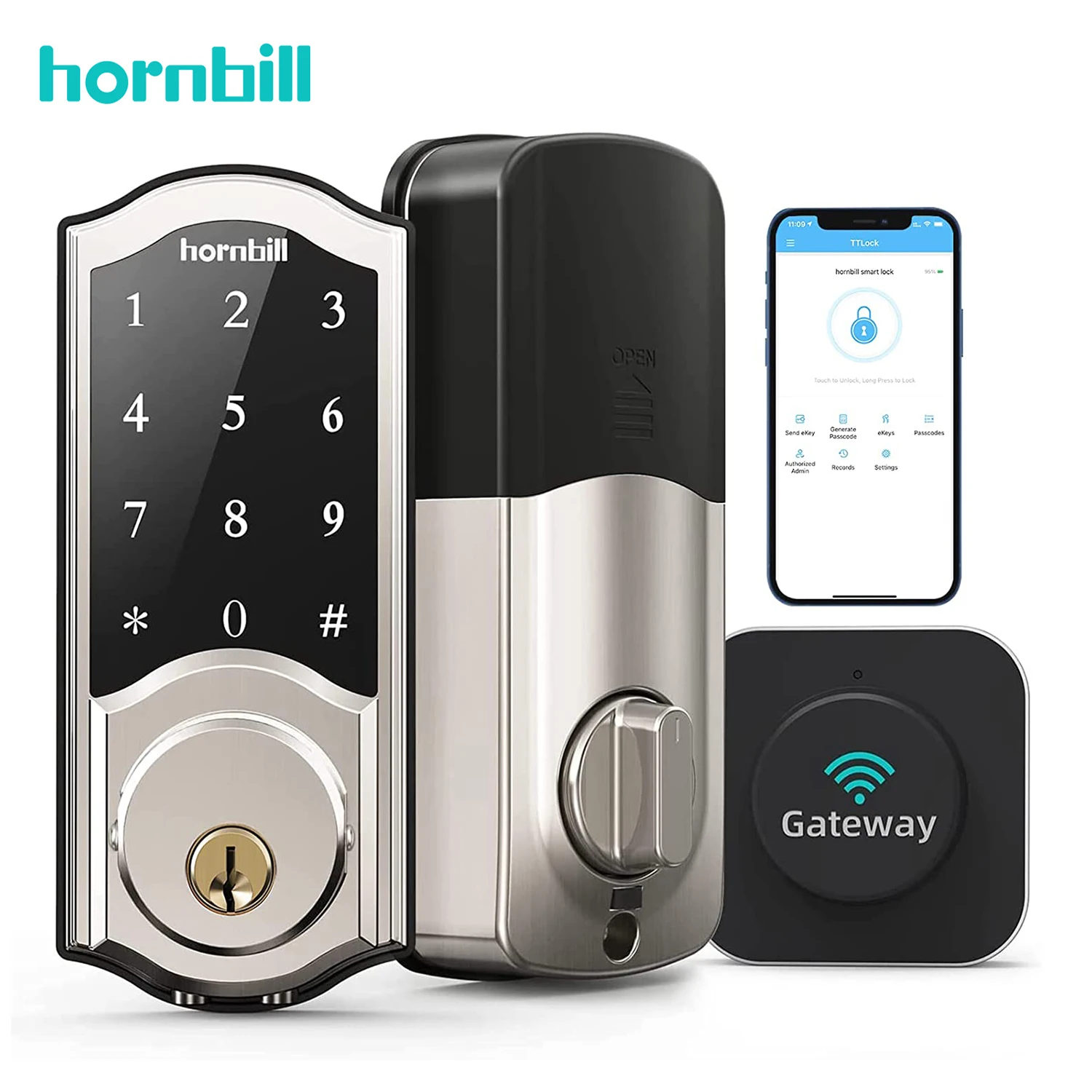 Imagem -03 - Hornbill Wifi Eletrônico Fechadura da Porta Inteligente com g2 Gateway Controle Remoto Keyless Entry Front Door Locks Bluetooth para Casa Segura