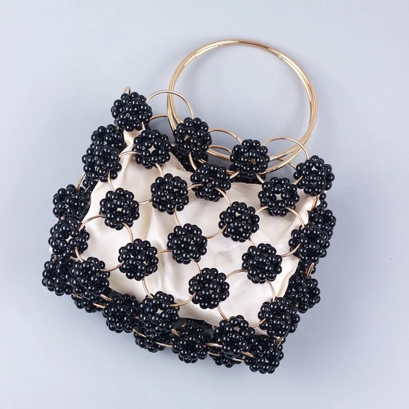 New Arrivals Handmade Black Ball Beaded Handbag Gold Metal Handle Elegant Women\'s Bag High Quality Hollow Out Evening Bag Clutch