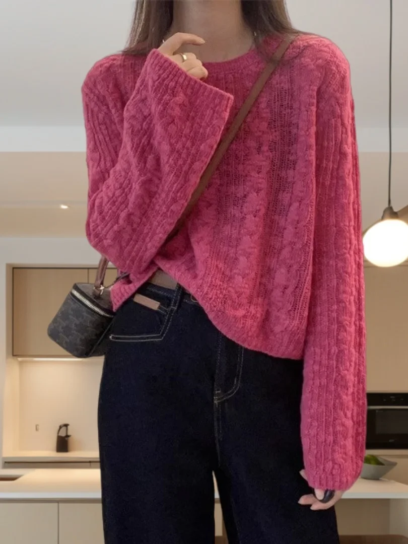 핑크 스웨터 여성용 라운드 넥 니트 탑 부드러운 레이지 스타일 이너웨어 베이스 셔츠 가을 겨울 신상 출퇴근룩...