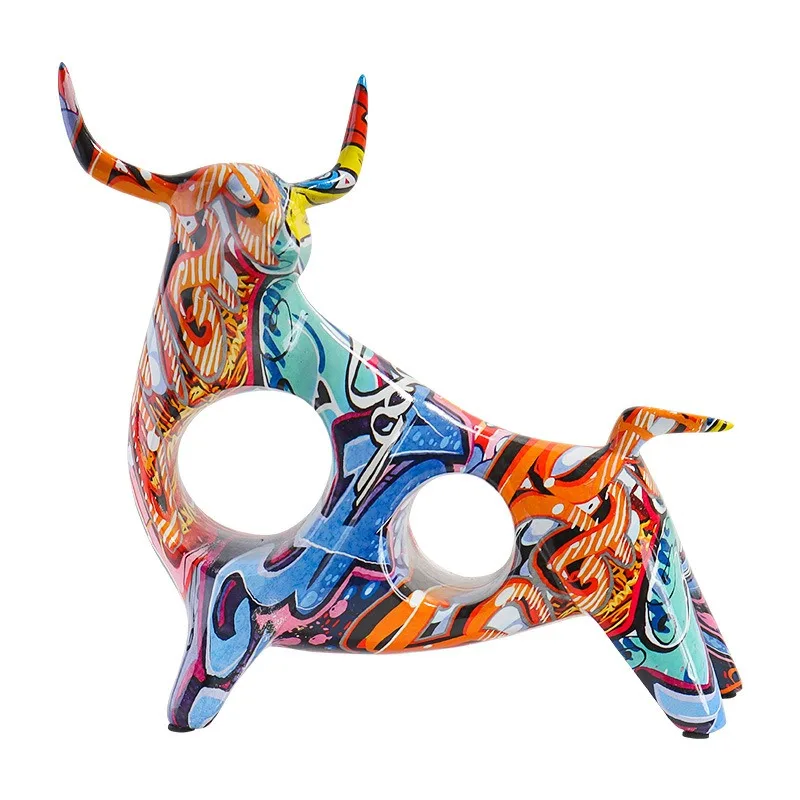 American Colorful Graffiti Cow Figurine Water Transfer Resin Decor for Living Room Entryway TV Stand