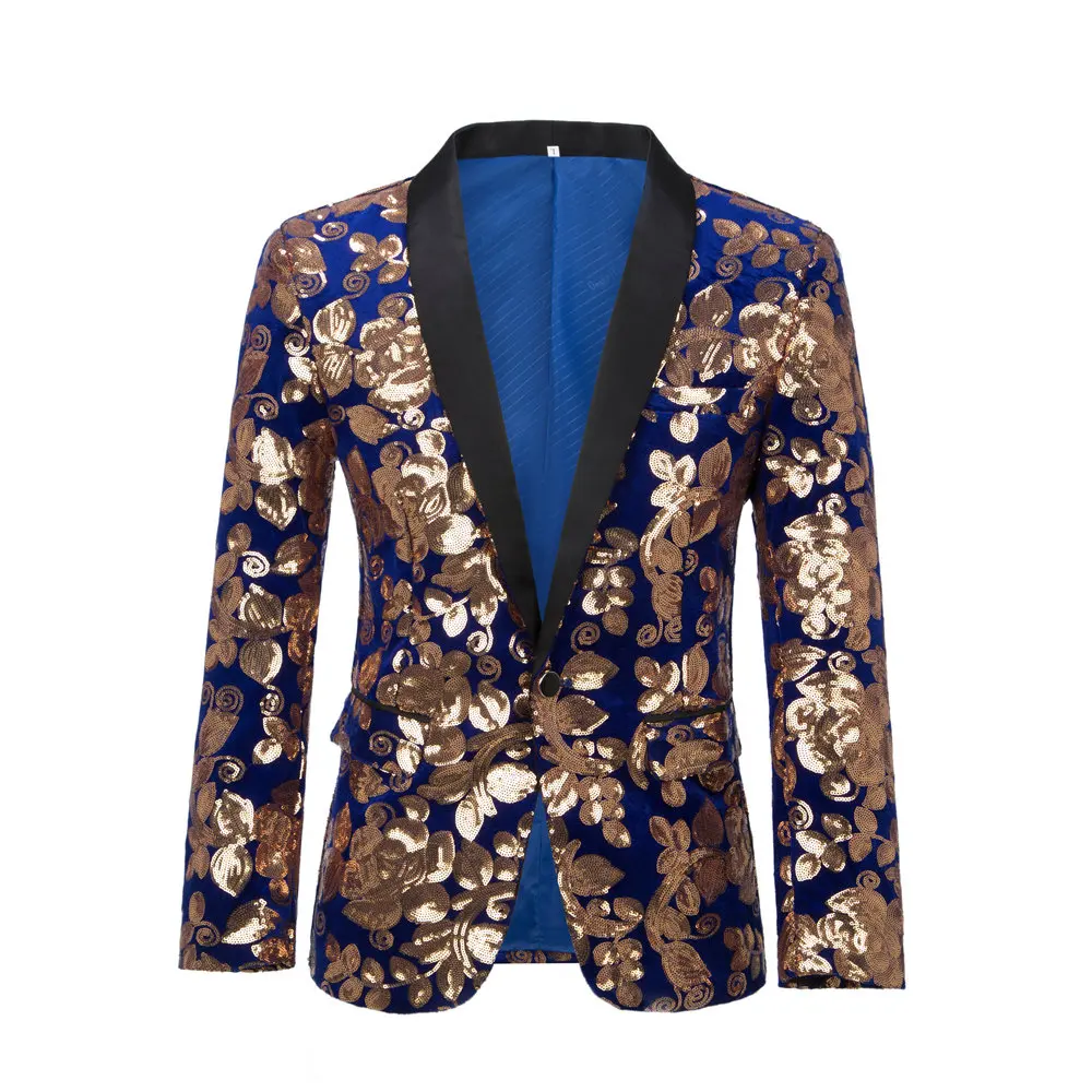 Men Fashion Velvet Sequins Floral Pattern Suit Jacket Blazer Luxury Brand Stage Clothing Slim Fit Tuxedo