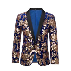 Men Fashion Velvet Sequins Floral Pattern Suit Jacket Blazer Luxury Brand Stage Clothing Slim Fit Tuxedo