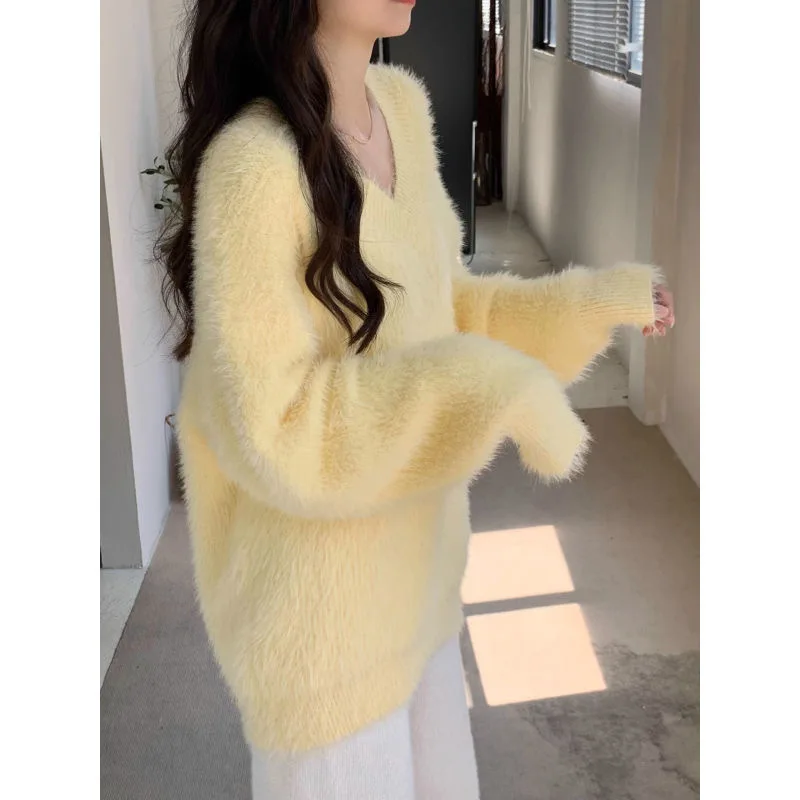 Autumn Winter Yellow Soft Mohair Knitted Loose Pullover New Oversize Lazy Style Women V Neck Thick Warm Long Sleeve Sweater Tops