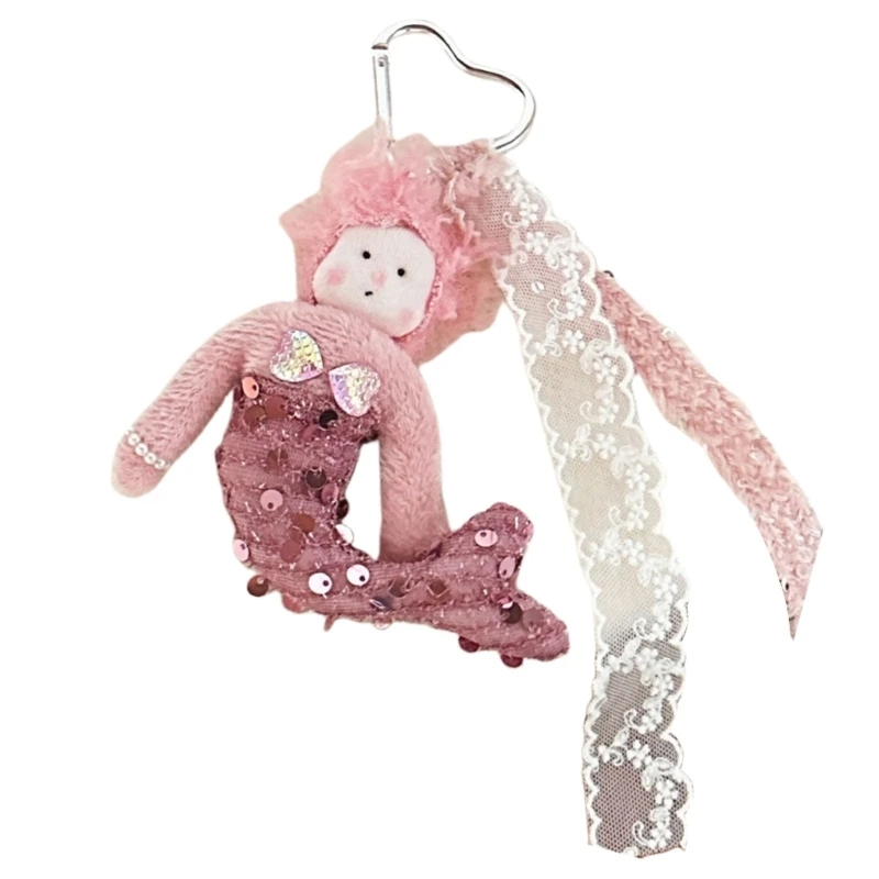 Sequined Mermaids Dolls Stuffed Girl Toy Keychain Pendant with Lace Ribbon for Women and Girls Bag Charm Accessories