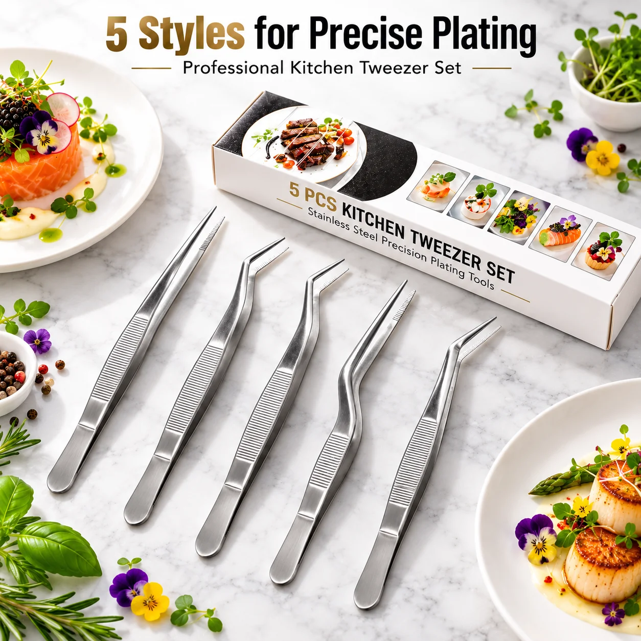 5PCS Cooking Tongs & Tweezers Set Food-Grade Stainless Steel Non-Slip Bent Tips Tools for Plating Baking Salad Home Kitchen Use