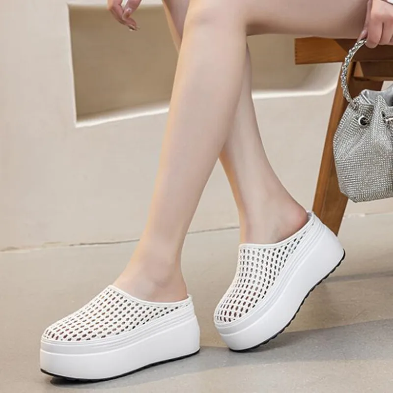 

8cm Women Platform Sneakers Casual Fashion Breathable Air Mesh Shoes Hollow Slippers Comfortable Wedge High Heel Beach Sandals