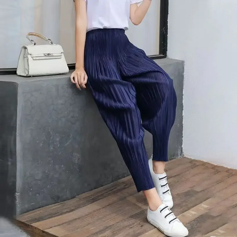 Miyake Pleated Pants Casual Radish Shorts Women's Slimming Nine Points Harlan Pants Summer Thin All-in-one Bloomers Pure Color