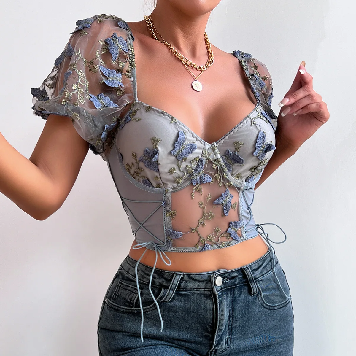 Yimunancy Floral Embroidery Crop Tops Women Puff Sleeve Ruched Backless Boho Tops