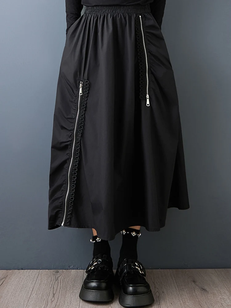 Falda plisada de cintura alta con cremallera empalmada Vintage negra para mujer, faldas largas informales holgadas a la moda de talla grande, ropa Sping otoño 2025