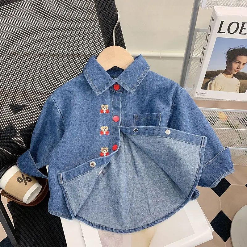 Camisa jeans bordada infantil, Tops com padrão de urso, camisas jean, fofas, princesa, casual, meninas, nova chegada, outono, inverno, 2022