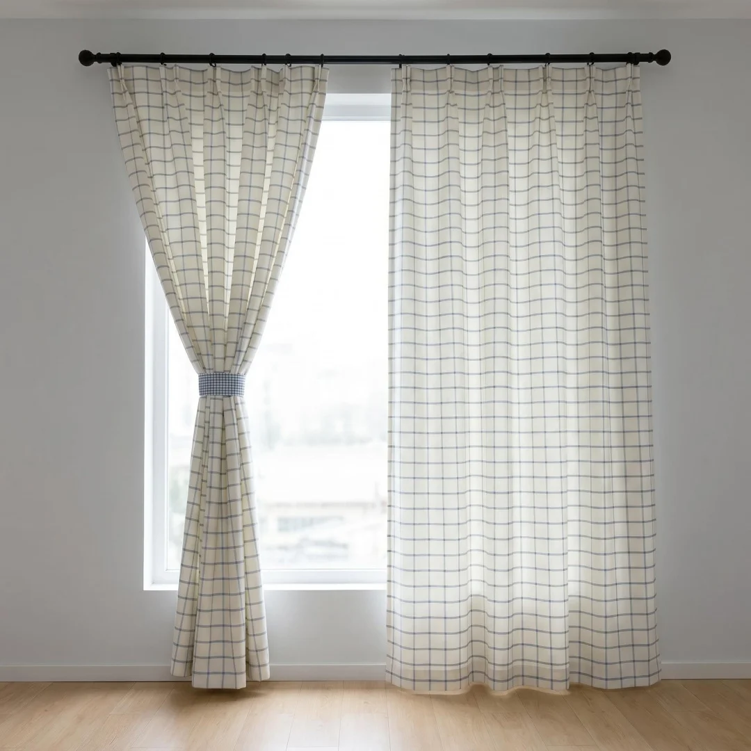 Simple atmosphere, high quality blue lattice curtain, semi-shading living room bedroom finished curtain