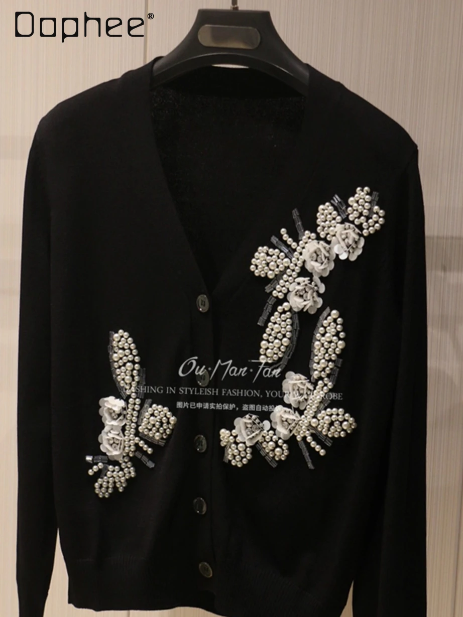 

Heavy Sequin Beaded V-Neck Long Sleeve Thin Black Knitted Cardigan Fashion Top Coat Women Elegant Socialite Cropped Cardigan