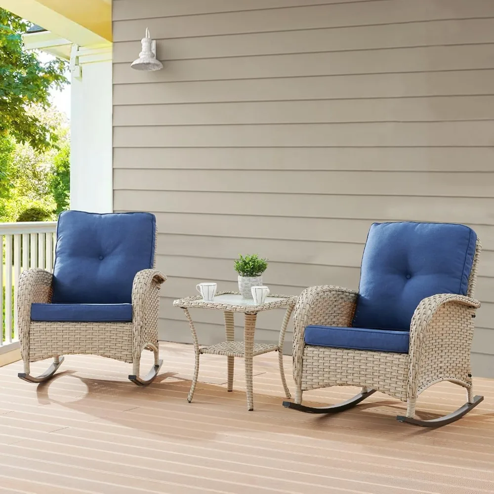 

Outdoor Rocking Chairs Set of 2, Wicker Rocker Rocking Chairs for Porch, 3 Pieces Patio Furniture Sets Rocking Bistro Set with C