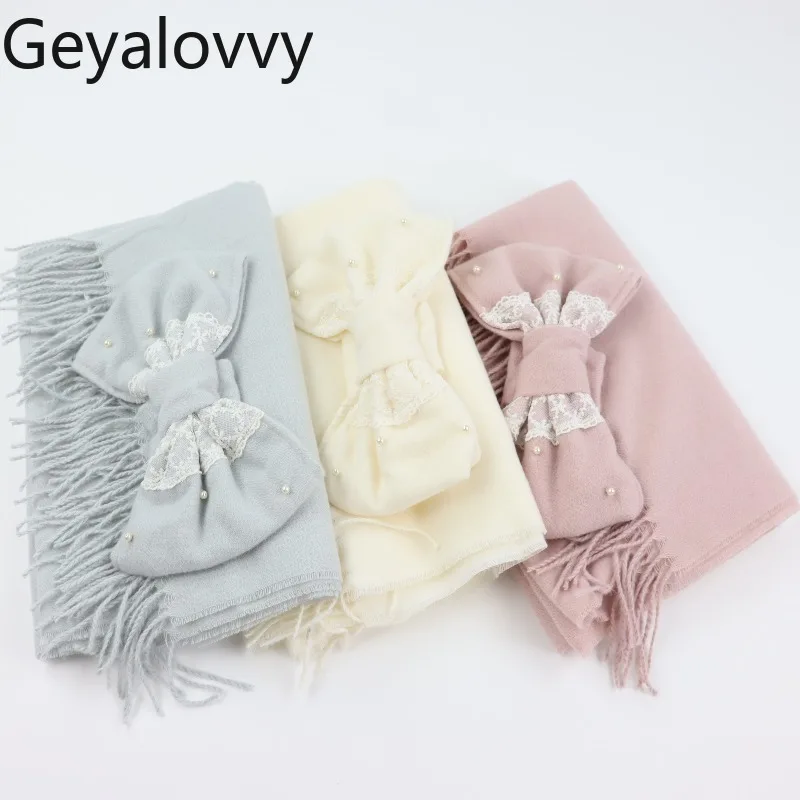 

Сплошной цвет, универсальный съемный шарф с бантом, шаль, зимняя новинка, японская милая девушка, кружевные шарфы в стиле Лолиты с бисером, грелки для шеи