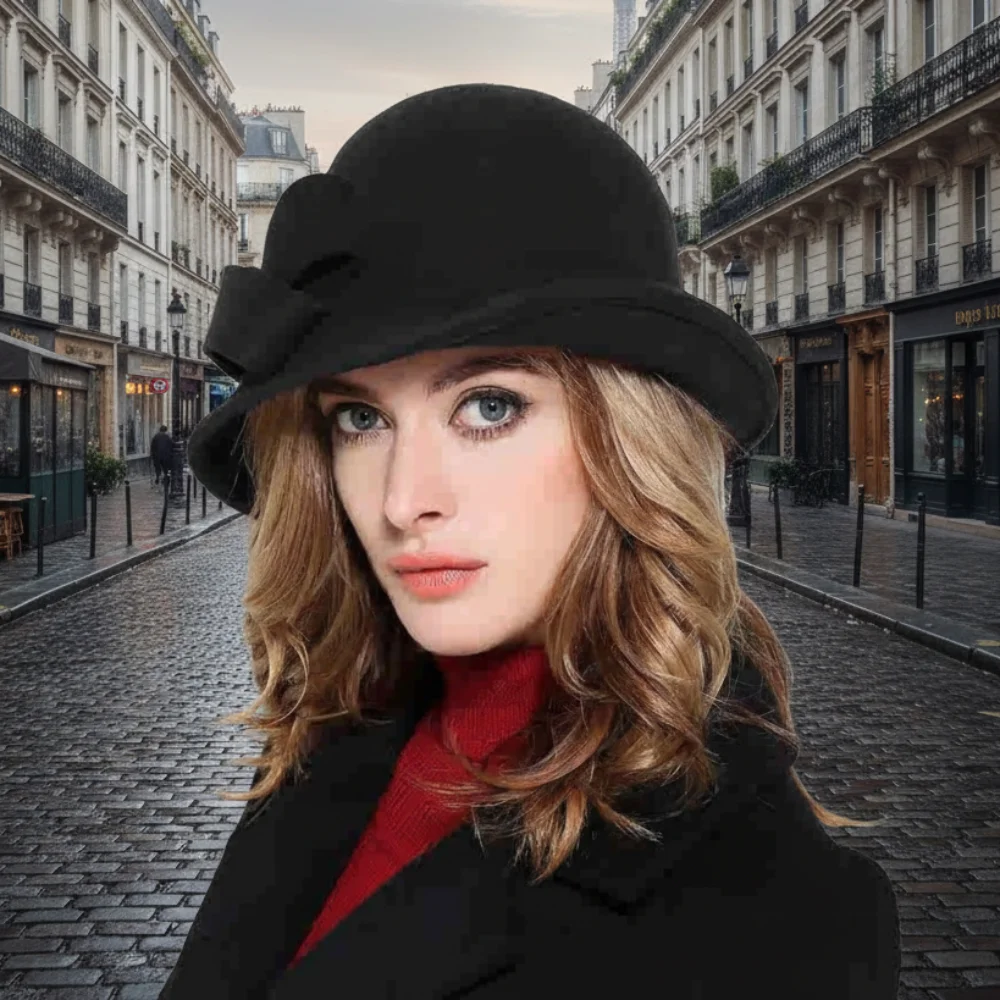 

French Style Wool Bucket Hats Women Vintage Cloche Fedora Black Topper Caps Felt Bow Panama Hat Winter Wedding Church Jazz Cap