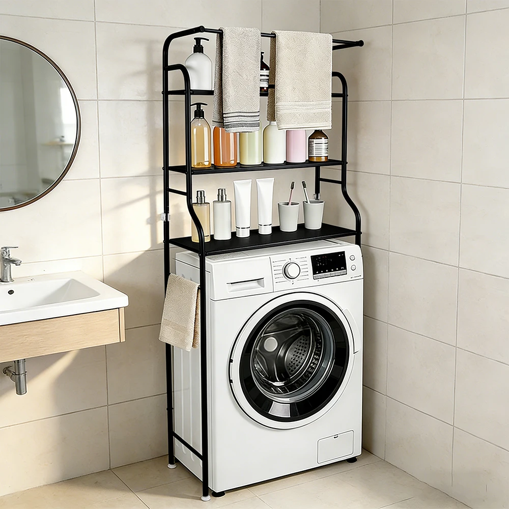 Étagère de rangement 3 niveaux pour lave-linge et sèche-linge avec porte-serviettes, étagère de rangement pour lave-linge, pour buanderies et balcons