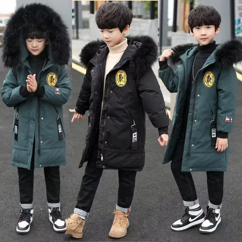 

4-14 Years Winter Keep Warm Boys Jacket Heavy Thick Detachable Hat Fur Collar Hooded Outerwear For Kids Children Windbreaker