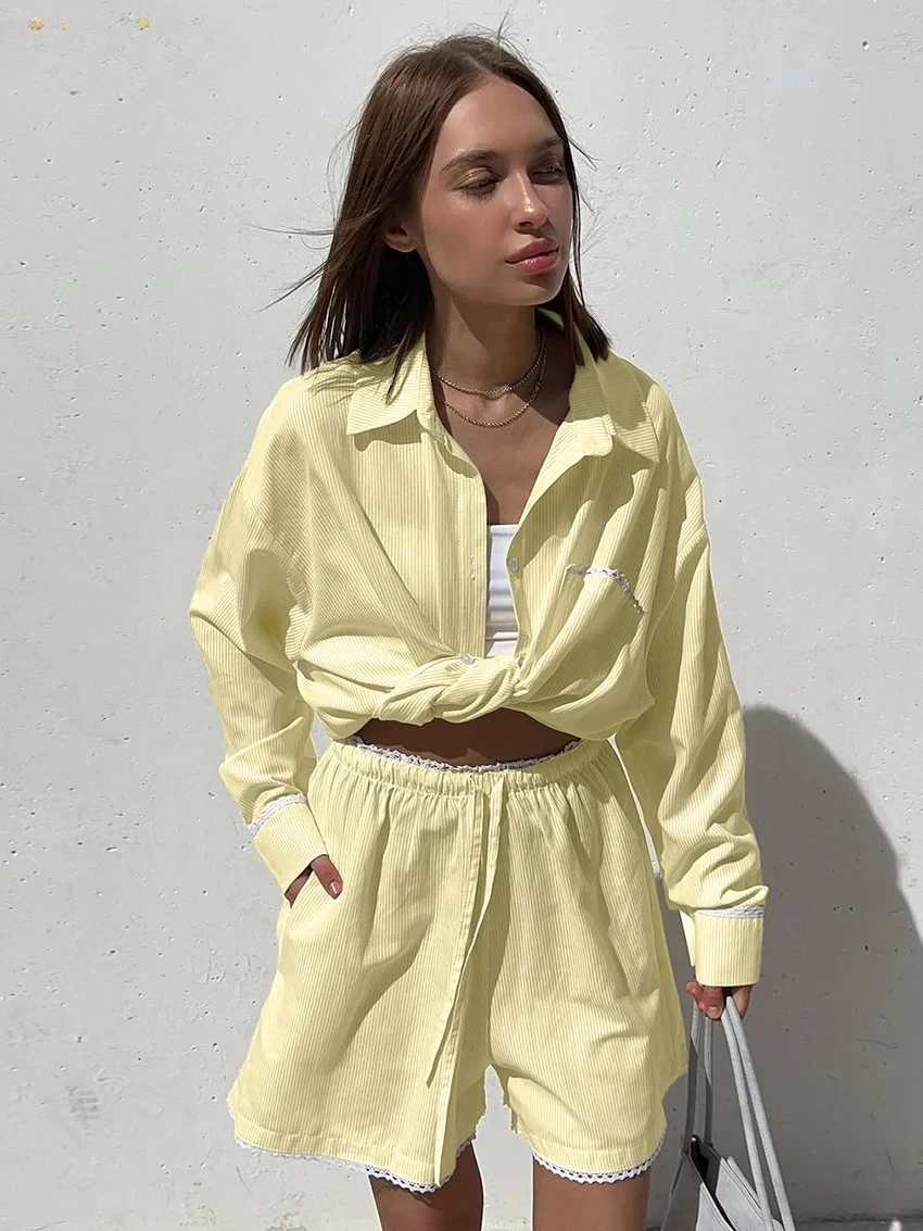 

Shpmishal Fashion Loose Yellow Stripe Women's Two Pieces Set 2026 Elegant Long Sleeve Shirt With High Waist Shorts Set Female