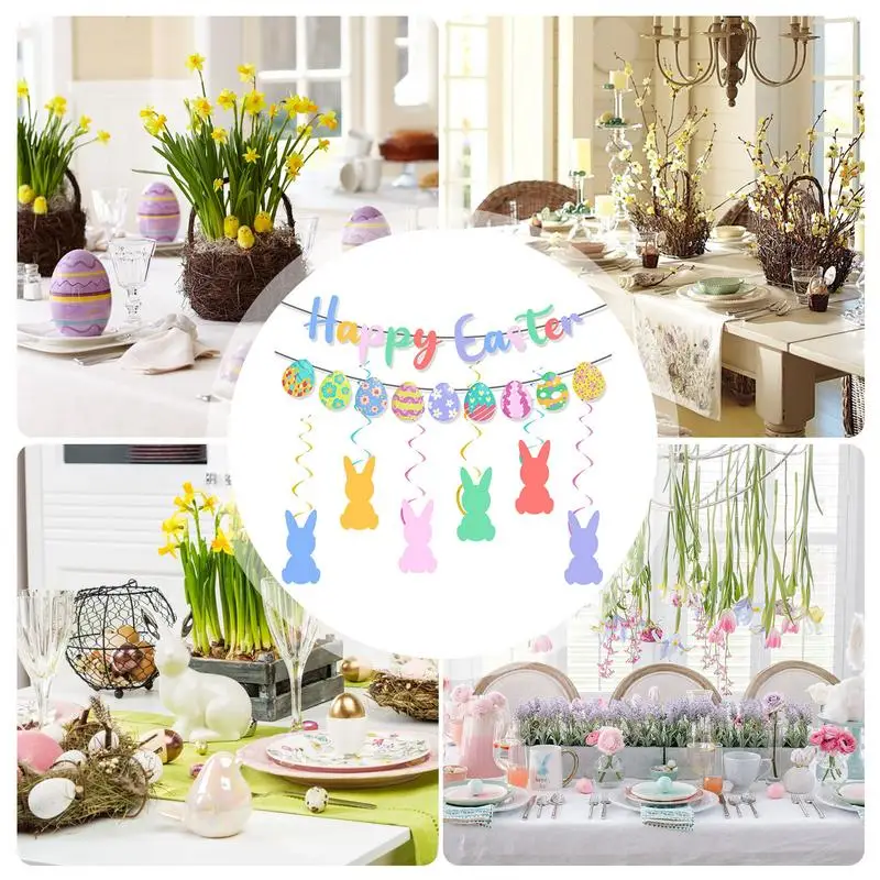 Feliz Pascua Banner banderines de papel guirnalda banderas de fiesta de primavera tema de conejito suministros de decoración de puerta accesorios para festivales de vacaciones