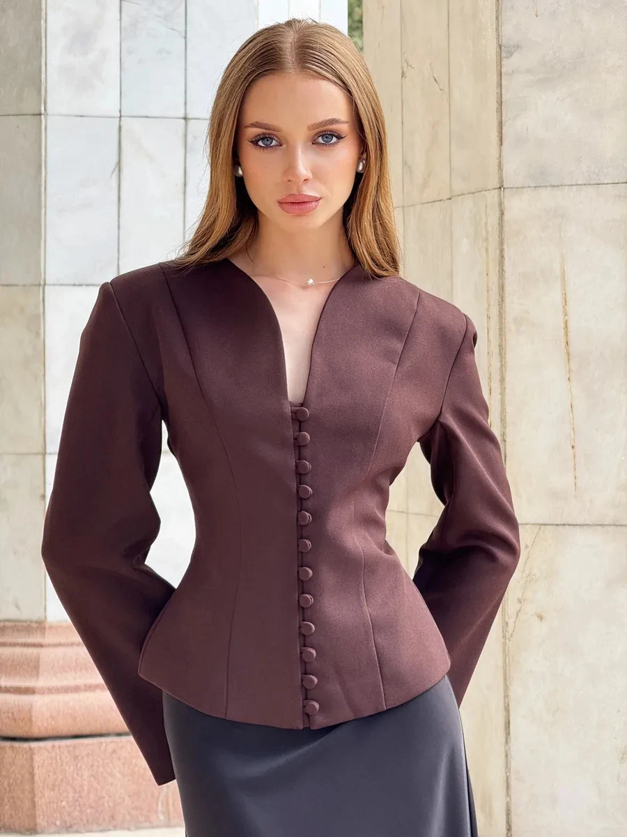 Blazer Elegante de Manga Larga con Cuello en V y Corte Entallado para Mujer, Color Sólido, Primavera-Otoño 2026, Traje de Oficina para Damas, BJTZ
