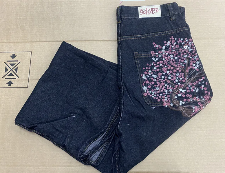 Y2K Vintage Low Waist Hip Hop Cherry Blossom Embroidered Jeans  Wide Leg Trousers Clothes Mens Embroidered Baggy Jeans Womes