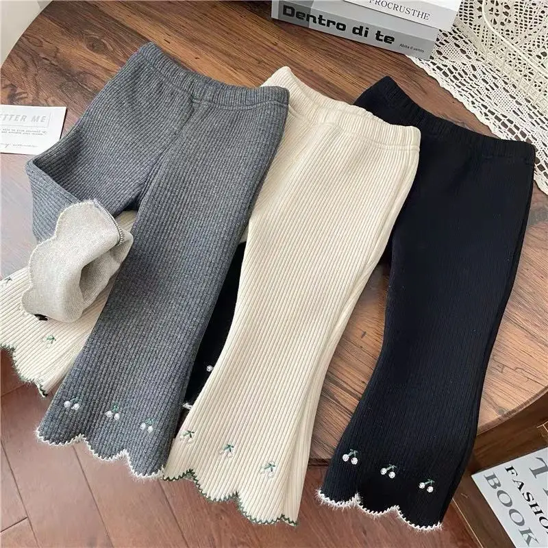 Autumn Winter Girl Baby Plus Velvet Thick Boot Cut Children Ribbed Solid Fleece Casual Pants Kid Warm Cotton Fashion Trousers