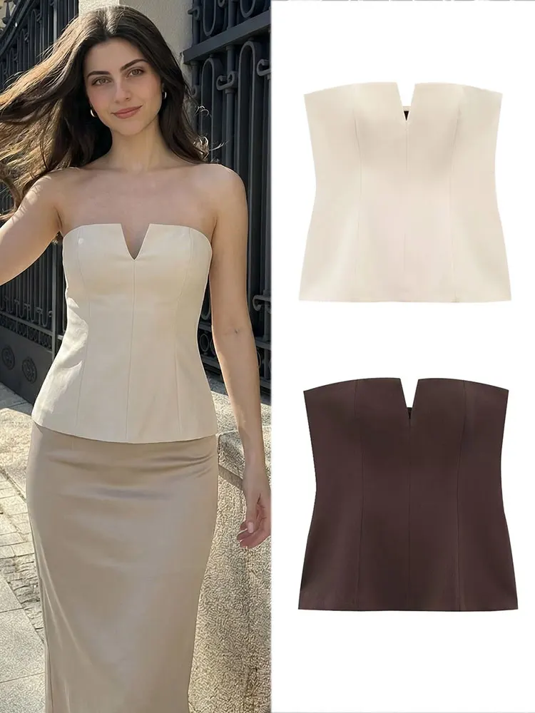 Top Corto Vintage Marrón para Mujer, Estilo Bustier, Sexy, sin Hombros, sin Tirantes, para Verano, Casual, Vacaciones en la Playa