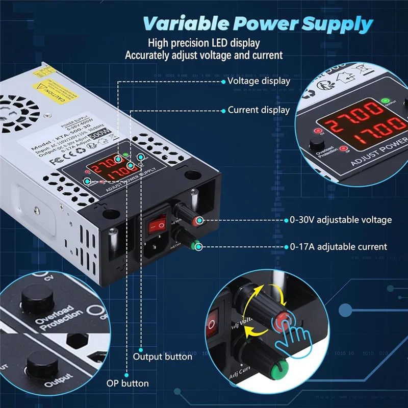 MOPHE-For Led Strip Compatible AC To DC Converter 5V 12V 24V 30V 0-30V 0-17A 500W Switching Power Supply-US Plug Stripus