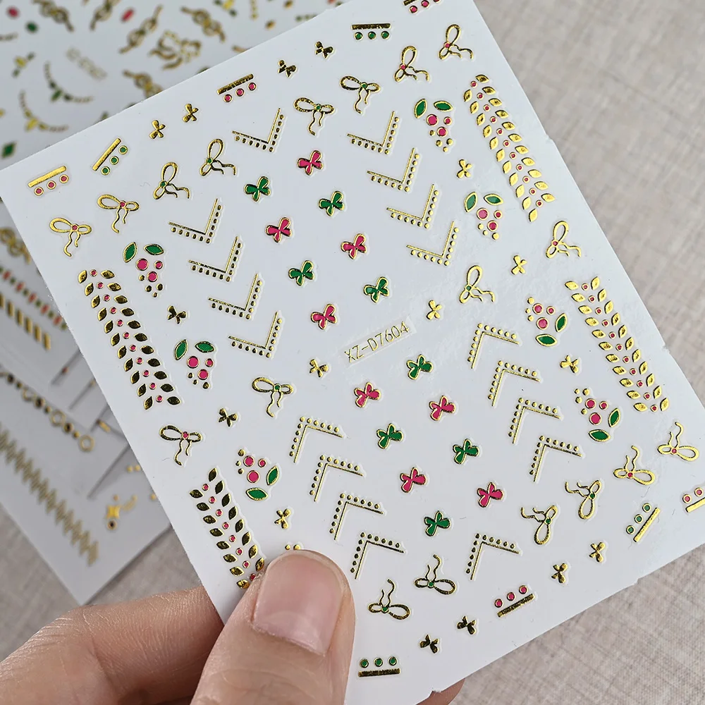 1 pz dorato lucido stella adesivi per unghie fiori erba linea francese bohemien decalcomanie per unghie retro stampa a caldo collana manicure cursore