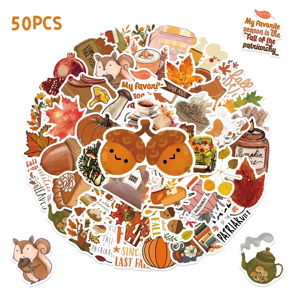 

50PCS Cute Autumn Fall Stickers Scrapbook Laptop Phone Luggage Art Craft Decals Aesthetic Watercolor Autumn Harvest Decoration