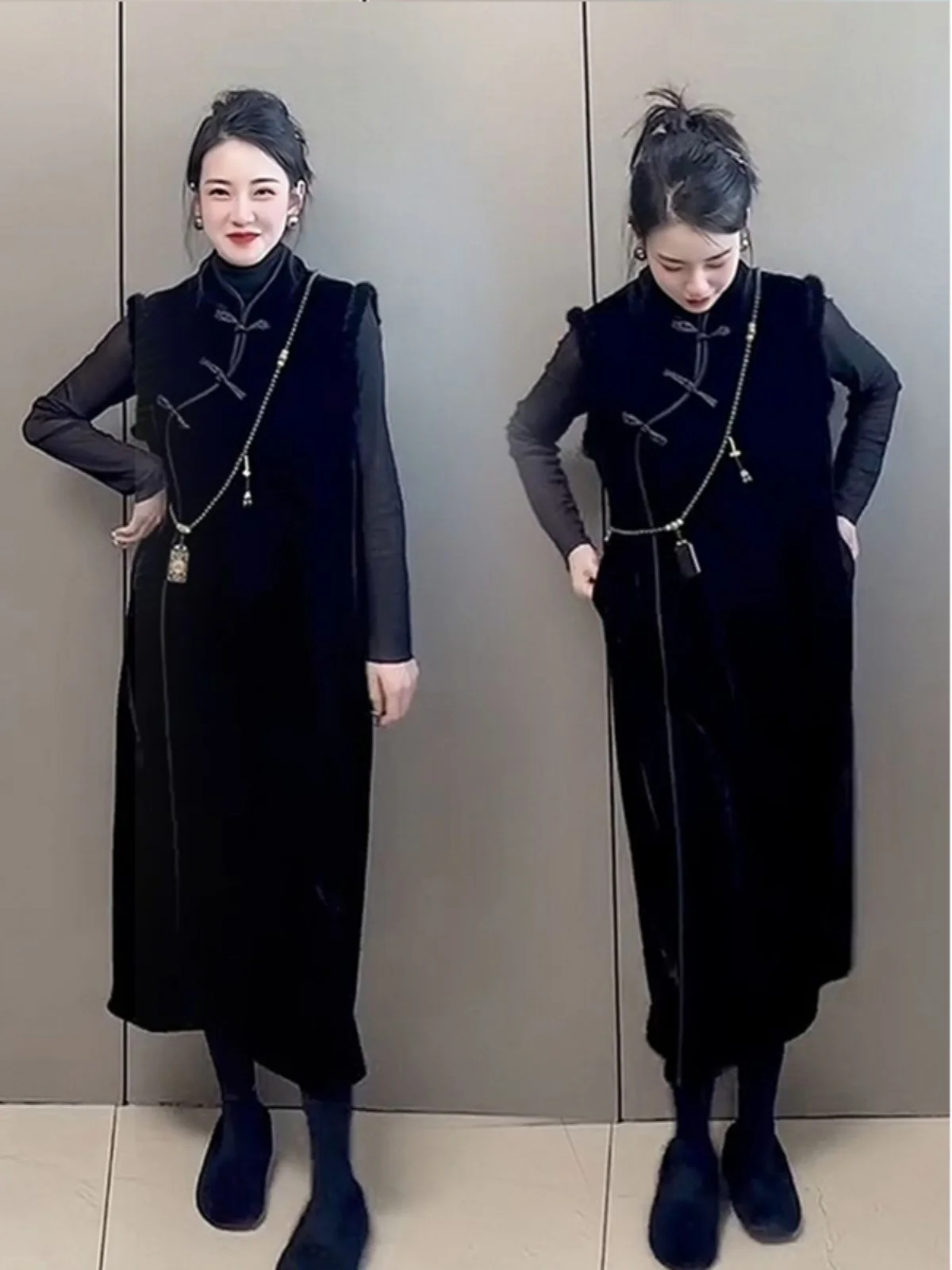 

New Chinese Sle Thiened Vest Skirt Women's Spring New Loose Faion Velvet Patchwork Button ket Long Dr