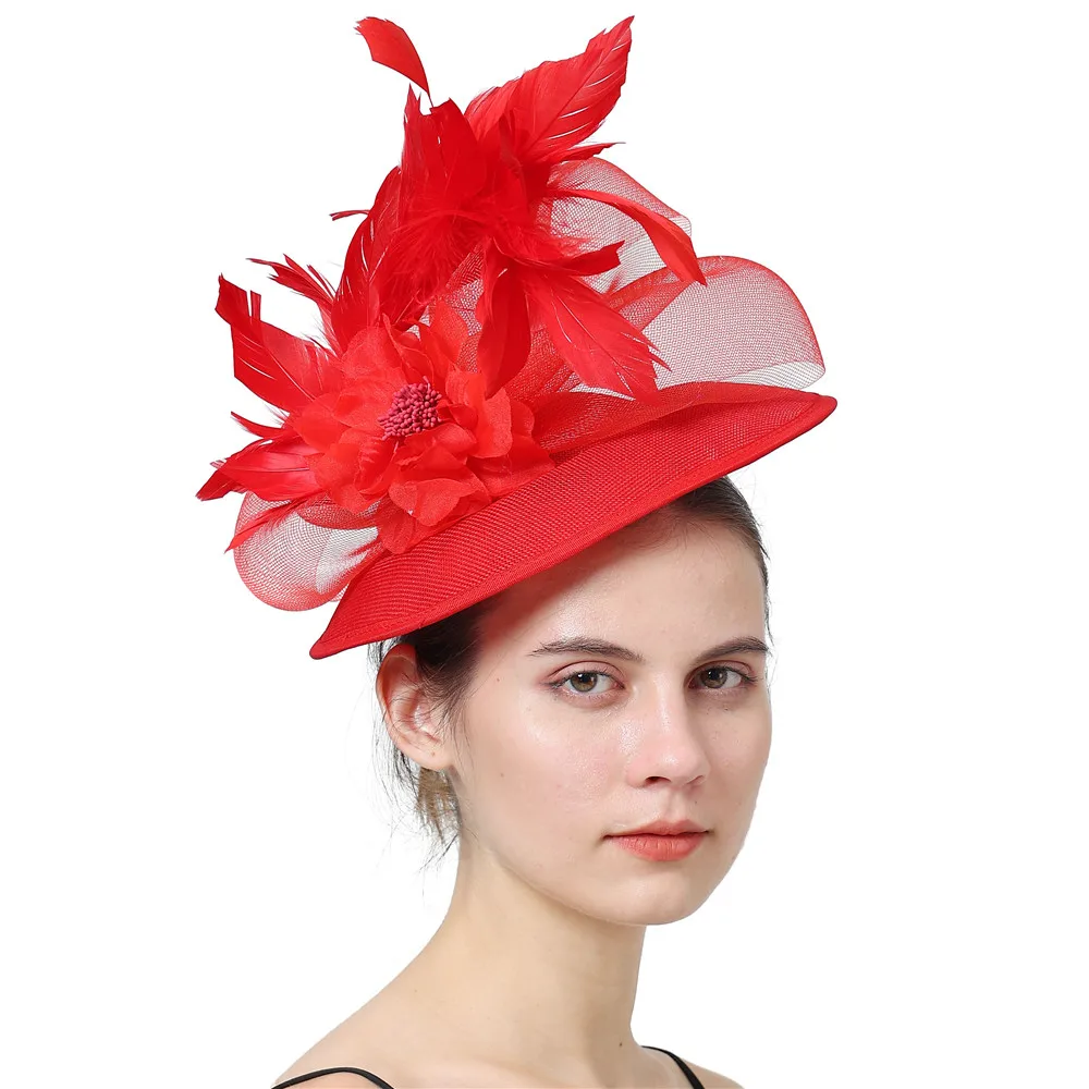 

Red Formal Fascinators Hat Silk Flower Decoration Cocktail Fedoras Derby Accessory Event Headbands Lady Chuch Headpiece Headwear