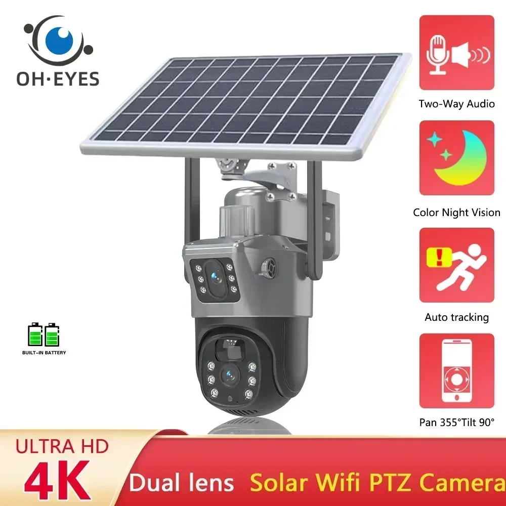 4K 8MP Solar Wireless IP Camera with 10800 MAh Battery Outdoor HD Dual Lens WiFi PTZ Camera Solar Panel CCTV Security Camera