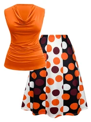 Plus Size Women's Casual Skirt Two-piece Set Solid Color Round Neck Sleeveless Vest Polka Dot Printed Short Skirt Set Daily