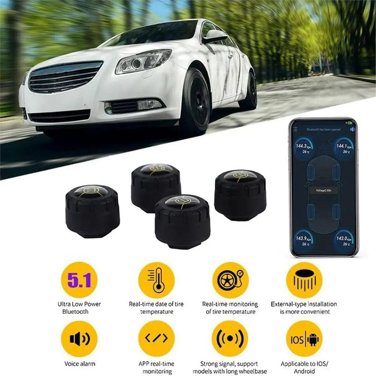 #58X Tire pressure monitor,4 External Sensors Motorcycle TPMS Bluetooth 5.1 for Android/IOS (Metal+Plastic)